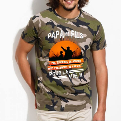 Tee-Shirt personnalisé camouflage chasseur, humour "Papa et fils pour la vie"