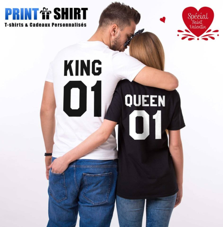 Duo tee-shirts KING / QUEEN Cadeaux Saint Valentin