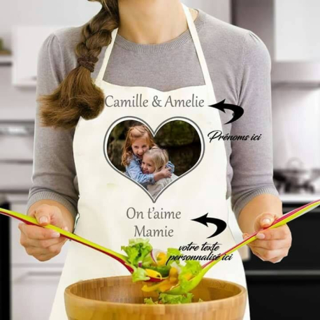 Tablier de cuisine avec photo et prénoms personnalisés "On t'aime Mamie"